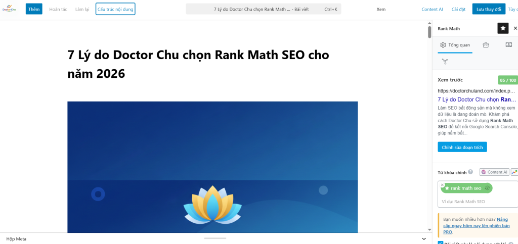 Đạt 88 điểm Rank Math SEO sau bài viết đầu tiên trên Doctor Chu Land